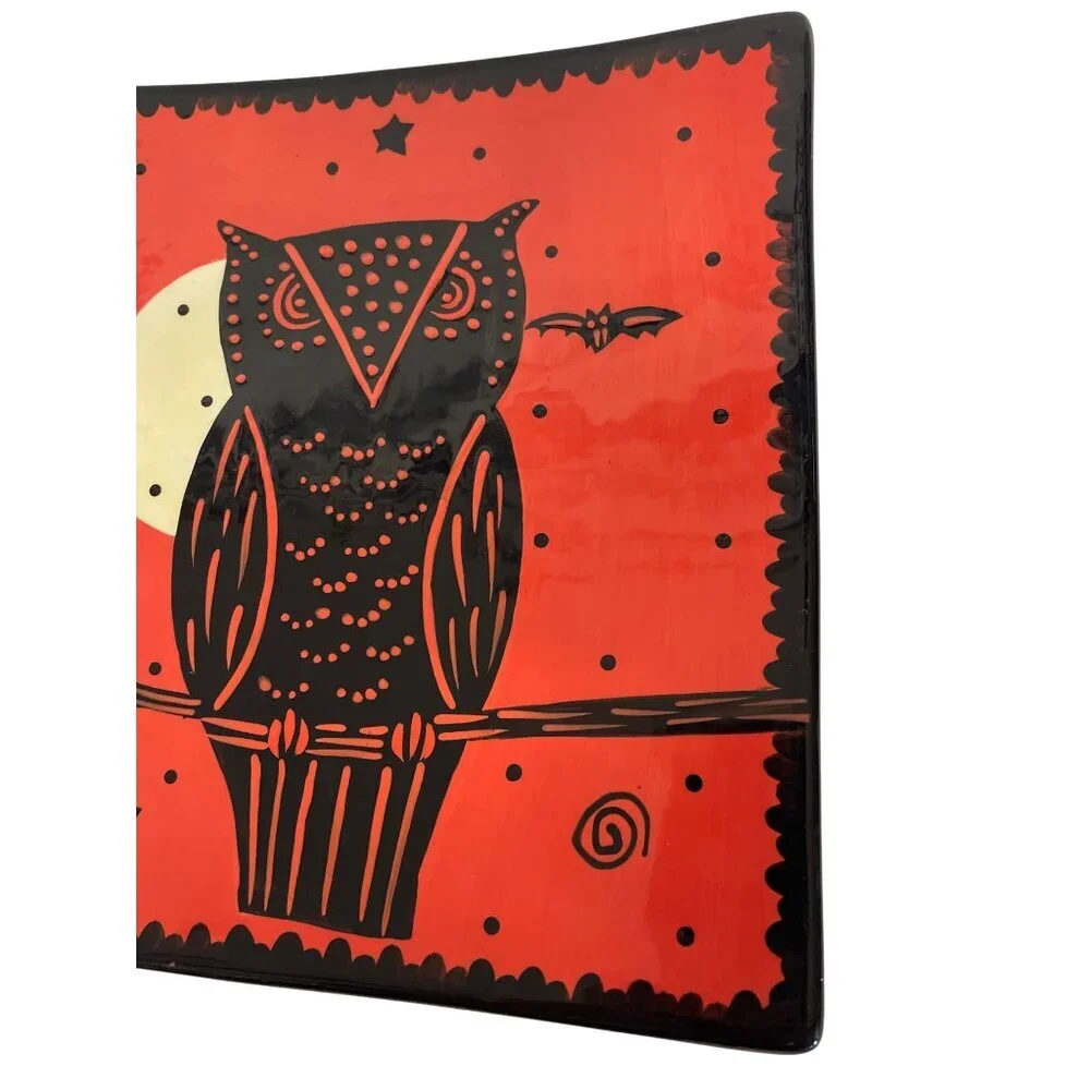 Halloween Owl Bats Square Plate Sharon Bloom Hand‎ Painted 9.75